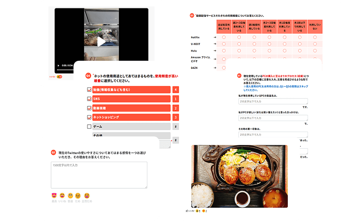多彩な質問形式を<br>自由に組み合わせできる